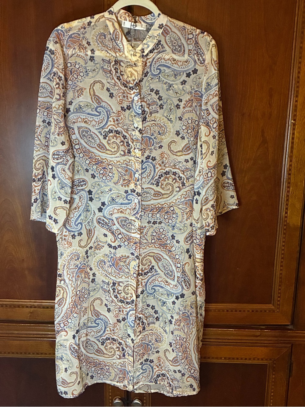 Women’s Paisley Sheer Button-Front Dress — Cream and Blue